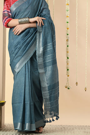 Blissful Blues: Organic Indigo Dyed Linen Saree