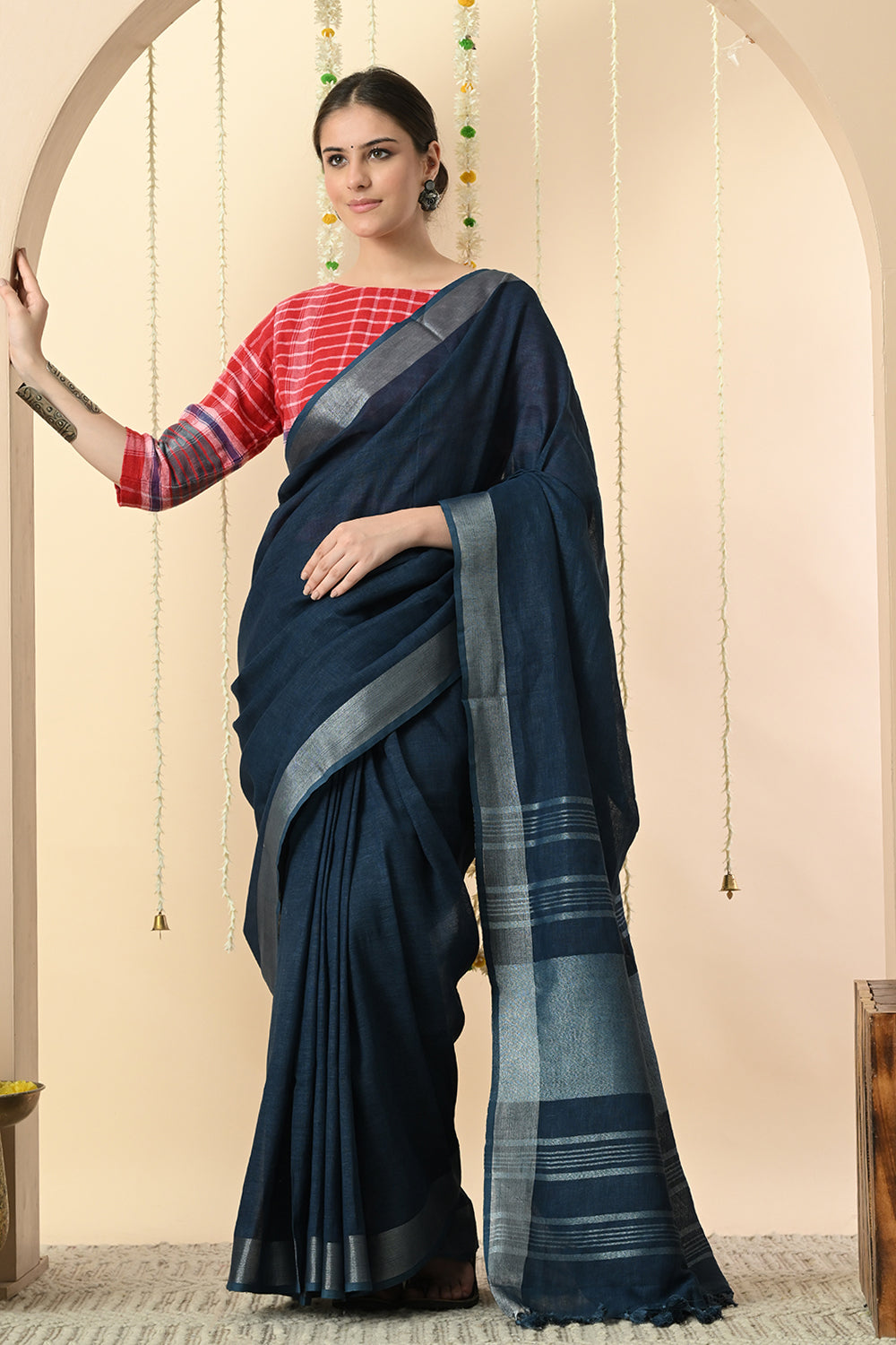 Regal Blue: Organic Indigo Dyed Deep Blue Linen Saree