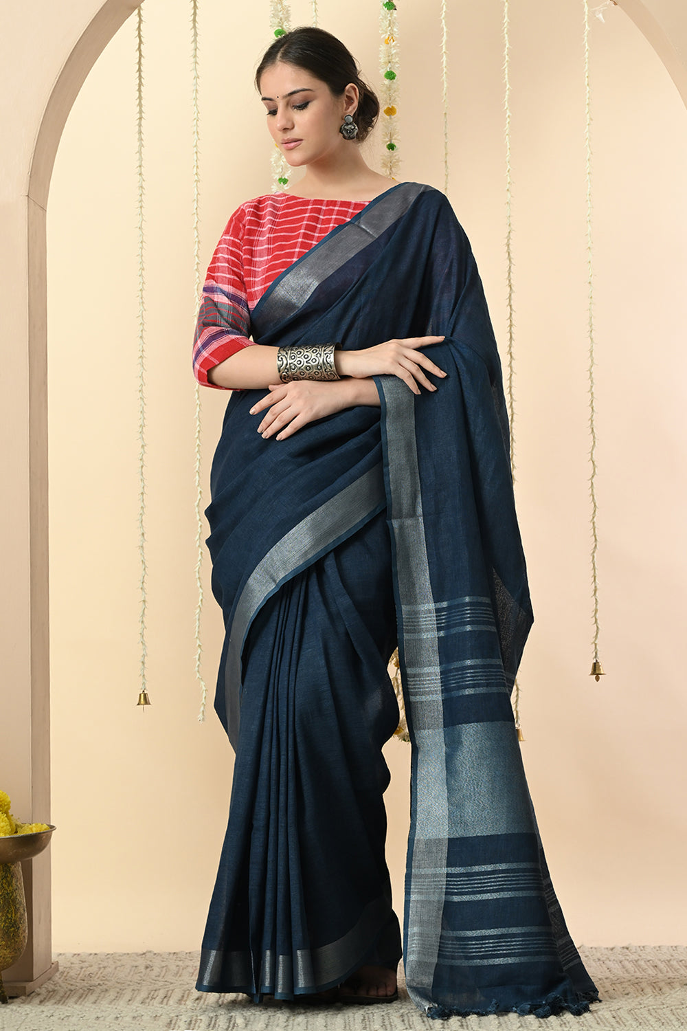 Regal Blue: Organic Indigo Dyed Deep Blue Linen Saree