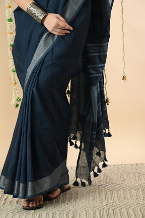 Regal Blue: Organic Indigo Dyed Deep Blue Linen Saree