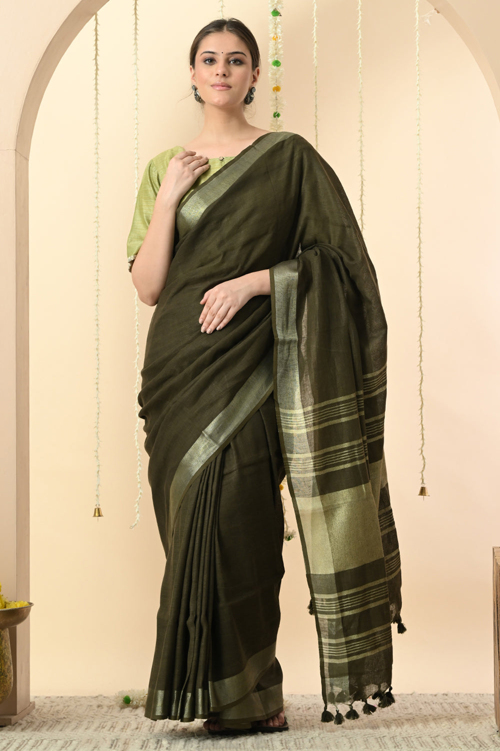 Gorgeous Green: Organically Dyed Olive Green Linen Saree