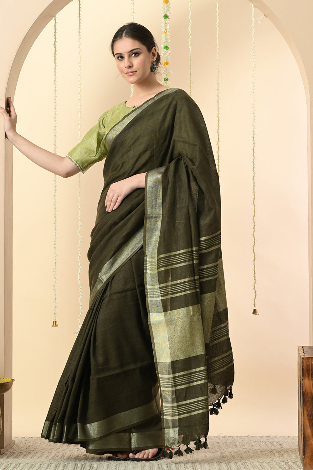 Gorgeous Green: Organically Dyed Olive Green Linen Saree