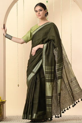 Gorgeous Green: Organically Dyed Olive Green Linen Saree