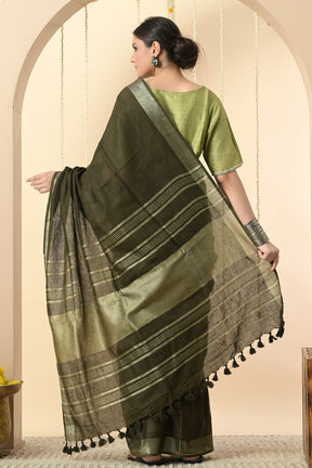 Gorgeous Green: Organically Dyed Olive Green Linen Saree