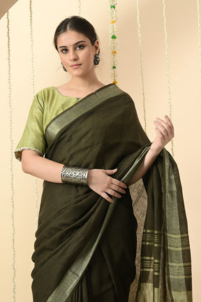 Gorgeous Green: Organically Dyed Olive Green Linen Saree