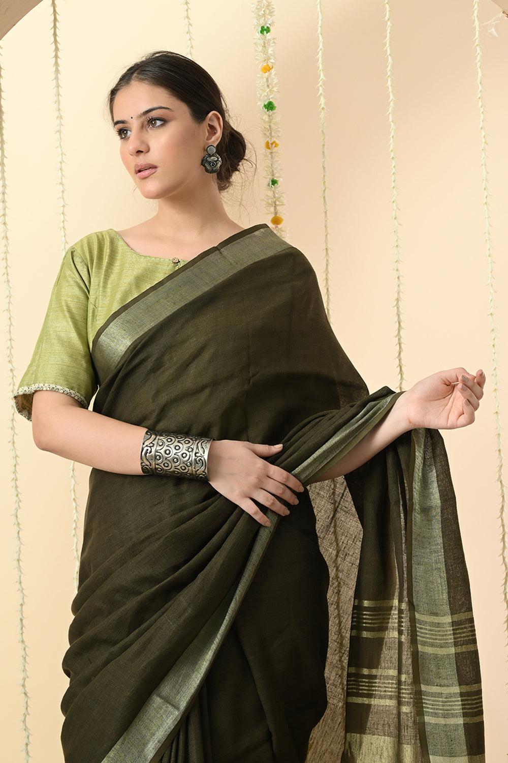 Gorgeous Green: Organically Dyed Olive Green Linen Saree