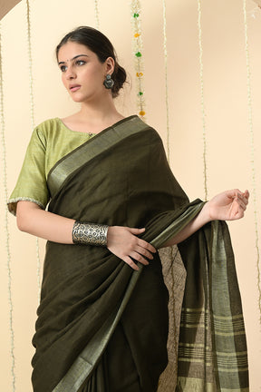 Gorgeous Green: Organically Dyed Olive Green Linen Saree
