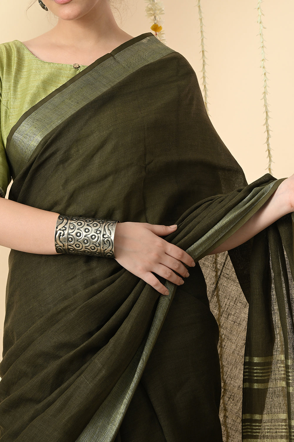 Gorgeous Green: Organically Dyed Olive Green Linen Saree