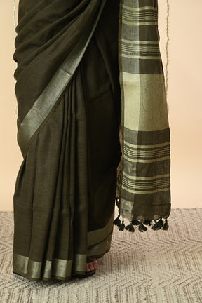 Gorgeous Green: Organically Dyed Olive Green Linen Saree