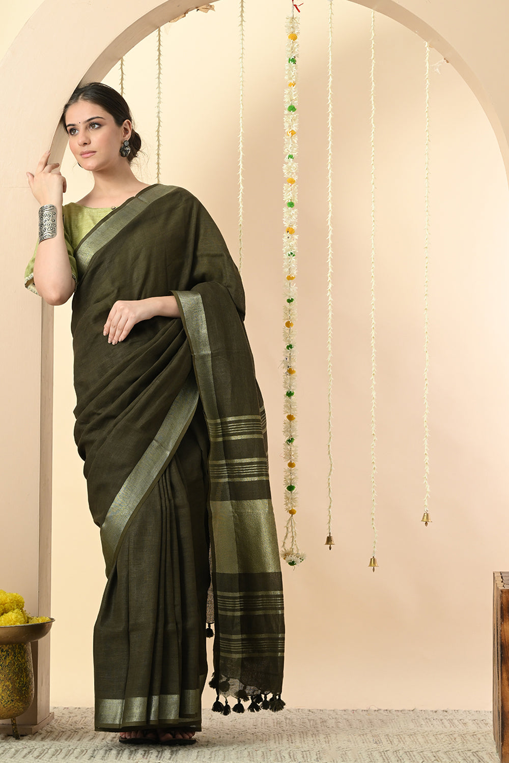 Gorgeous Green: Organically Dyed Olive Green Linen Saree