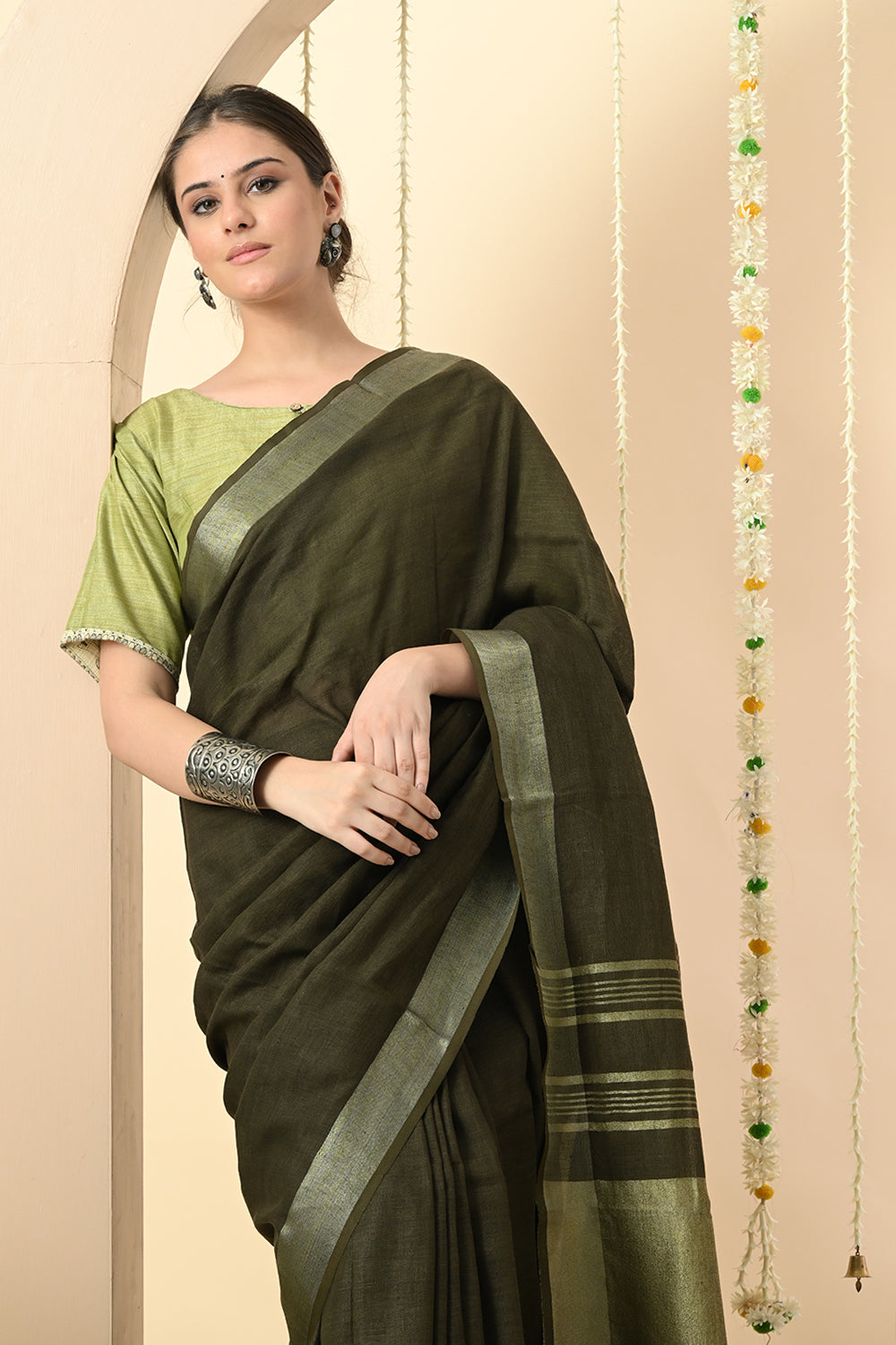 Gorgeous Green: Organically Dyed Olive Green Linen Saree