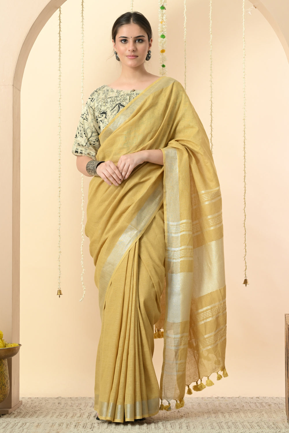 Mustard Linen Saree Dyed with Pomegranate - Vegan & Organic Fashion Choice