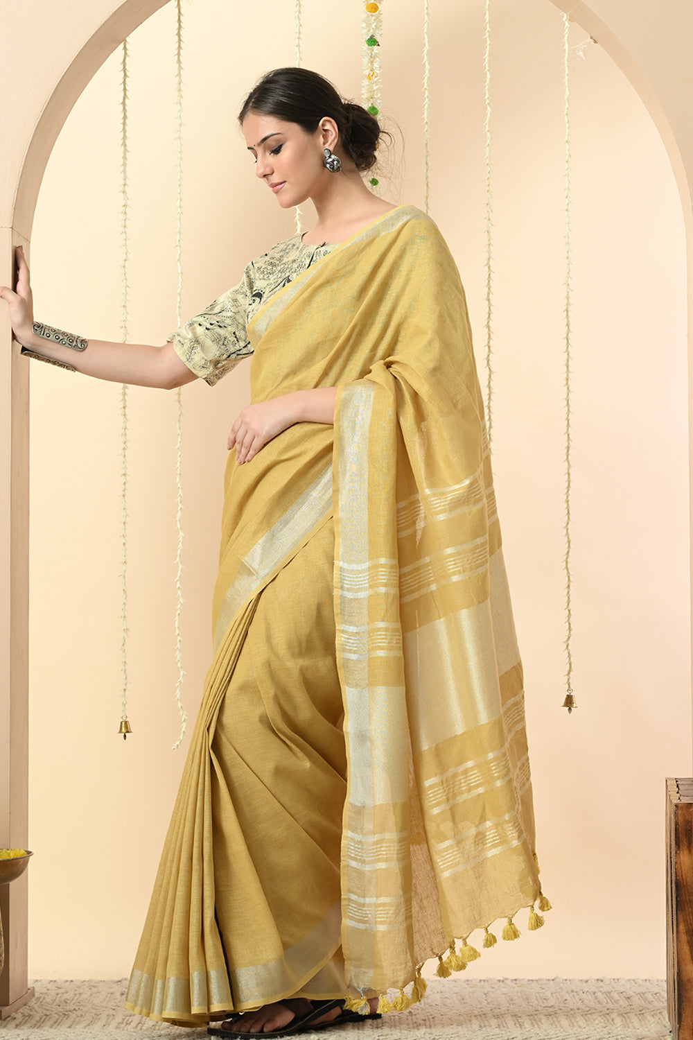Mustard Linen Saree Dyed with Pomegranate - Vegan & Organic Fashion Choice