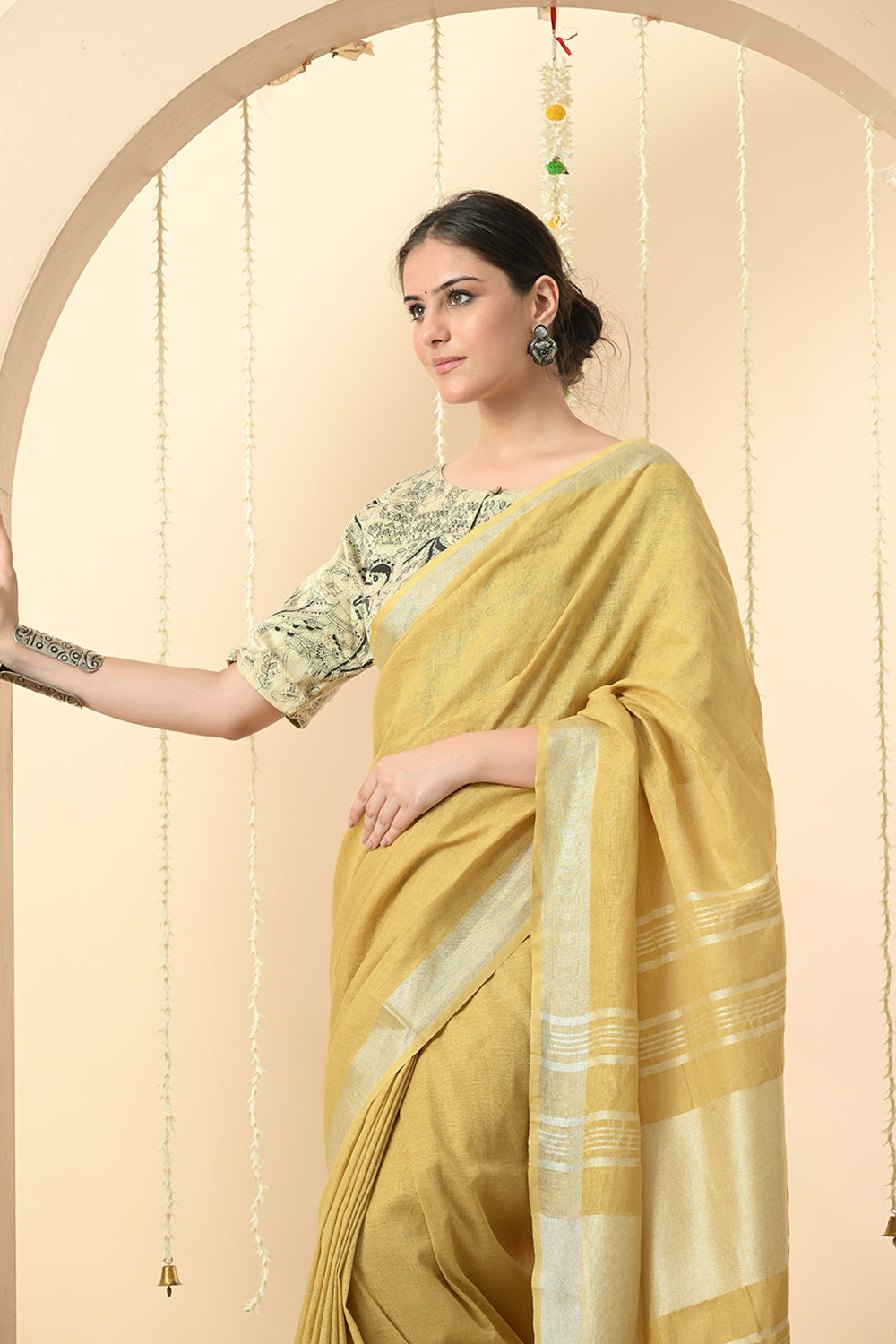 Mustard Linen Saree Dyed with Pomegranate - Vegan & Organic Fashion Choice