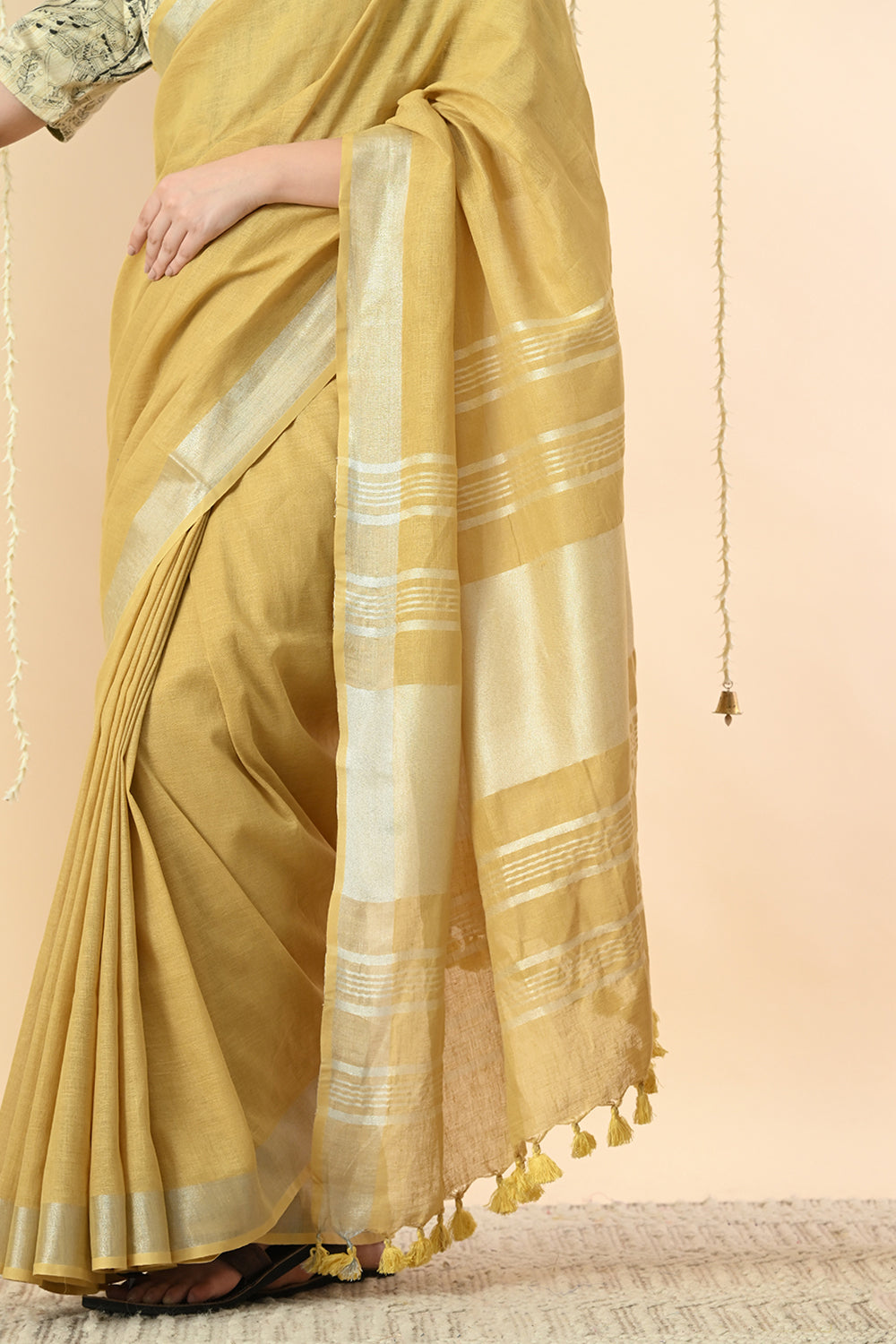 Mustard Linen Saree Dyed with Pomegranate - Vegan & Organic Fashion Choice