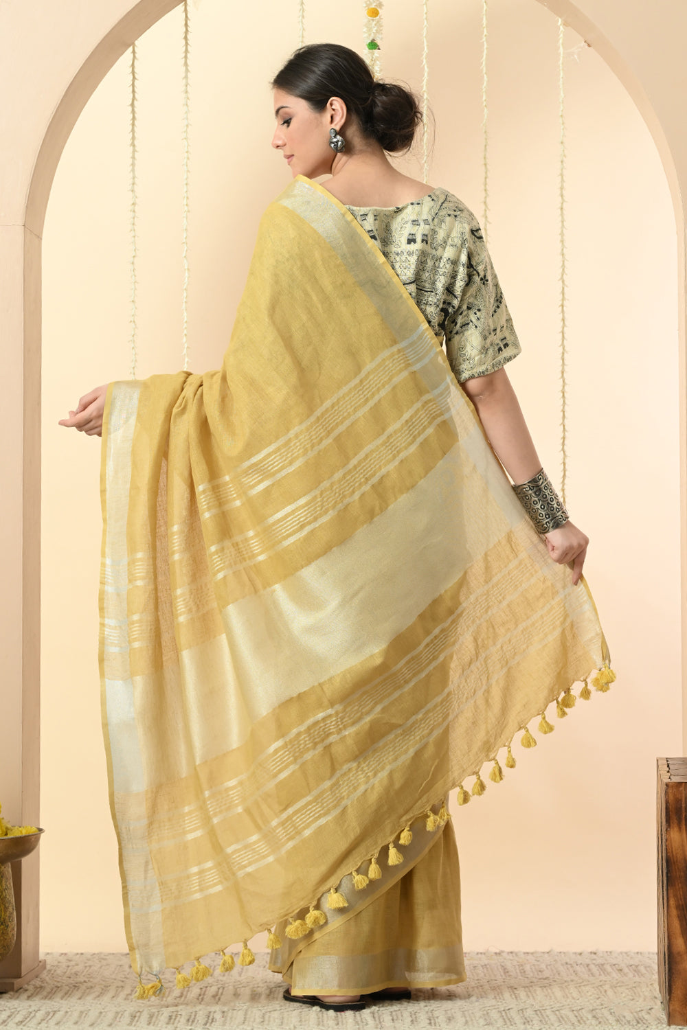 Mustard Linen Saree Dyed with Pomegranate - Vegan & Organic Fashion Choice