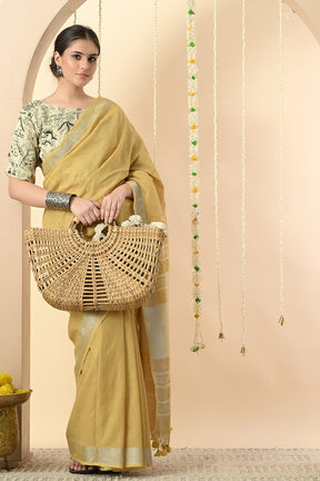 Mustard Linen Saree Dyed with Pomegranate - Vegan & Organic Fashion Choice