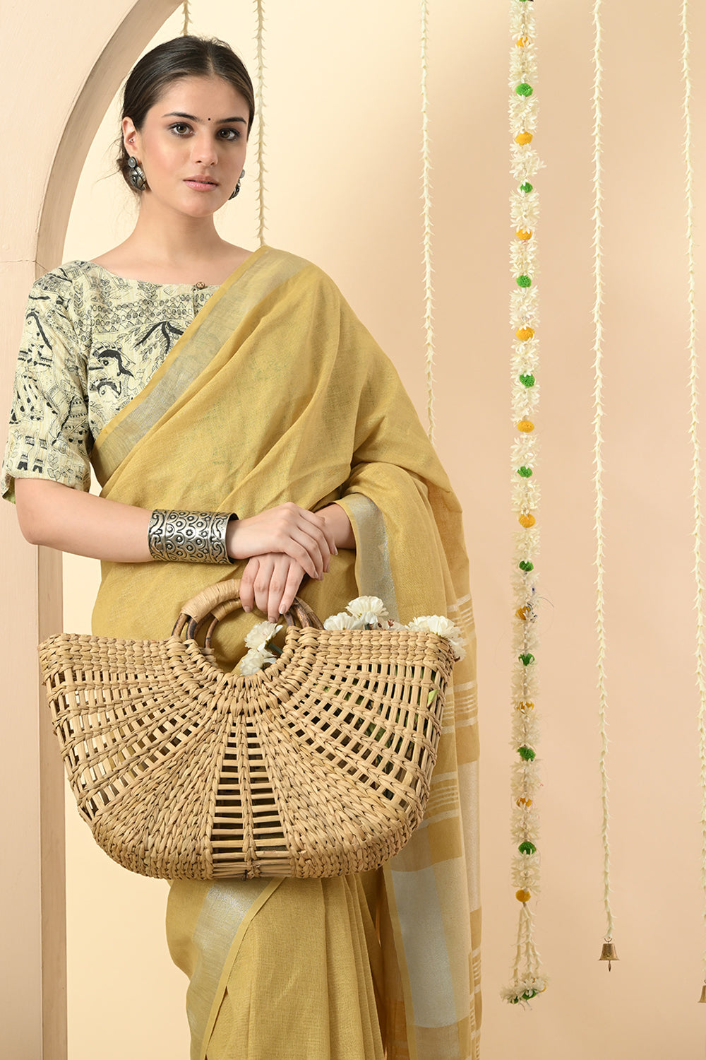 Mustard Linen Saree Dyed with Pomegranate - Vegan & Organic Fashion Choice