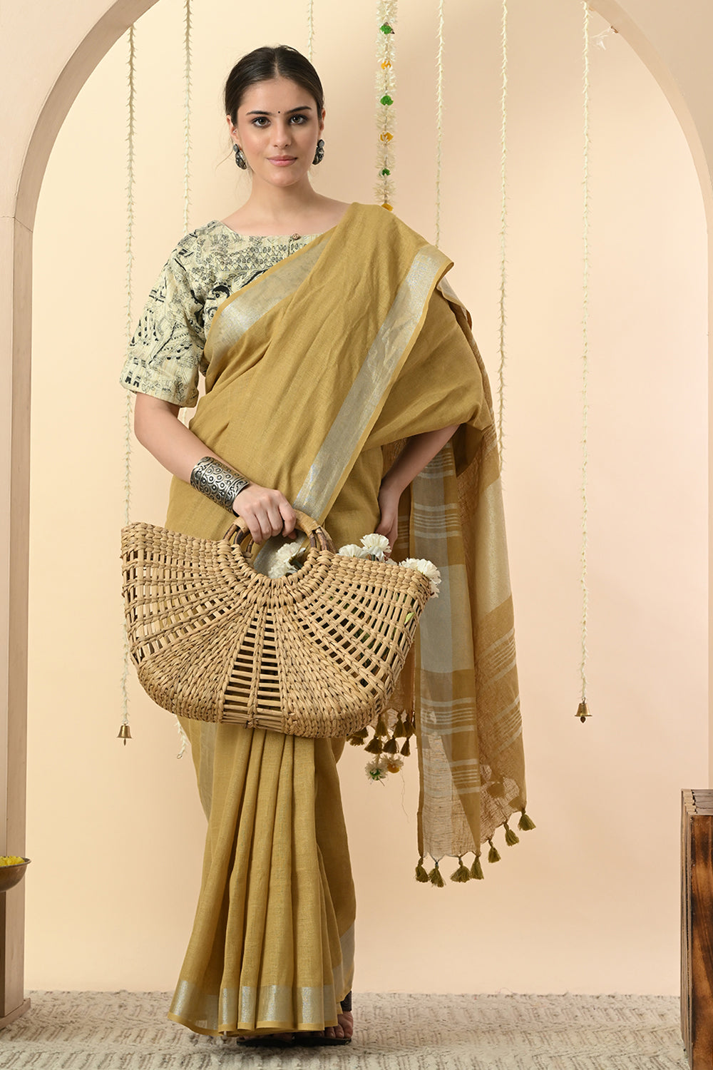 Mustard Linen Saree Dyed with Pomegranate - Vegan & Organic Fashion Choice