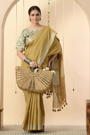 Mustard Linen Saree Dyed with Pomegranate - Vegan & Organic Fashion Choice