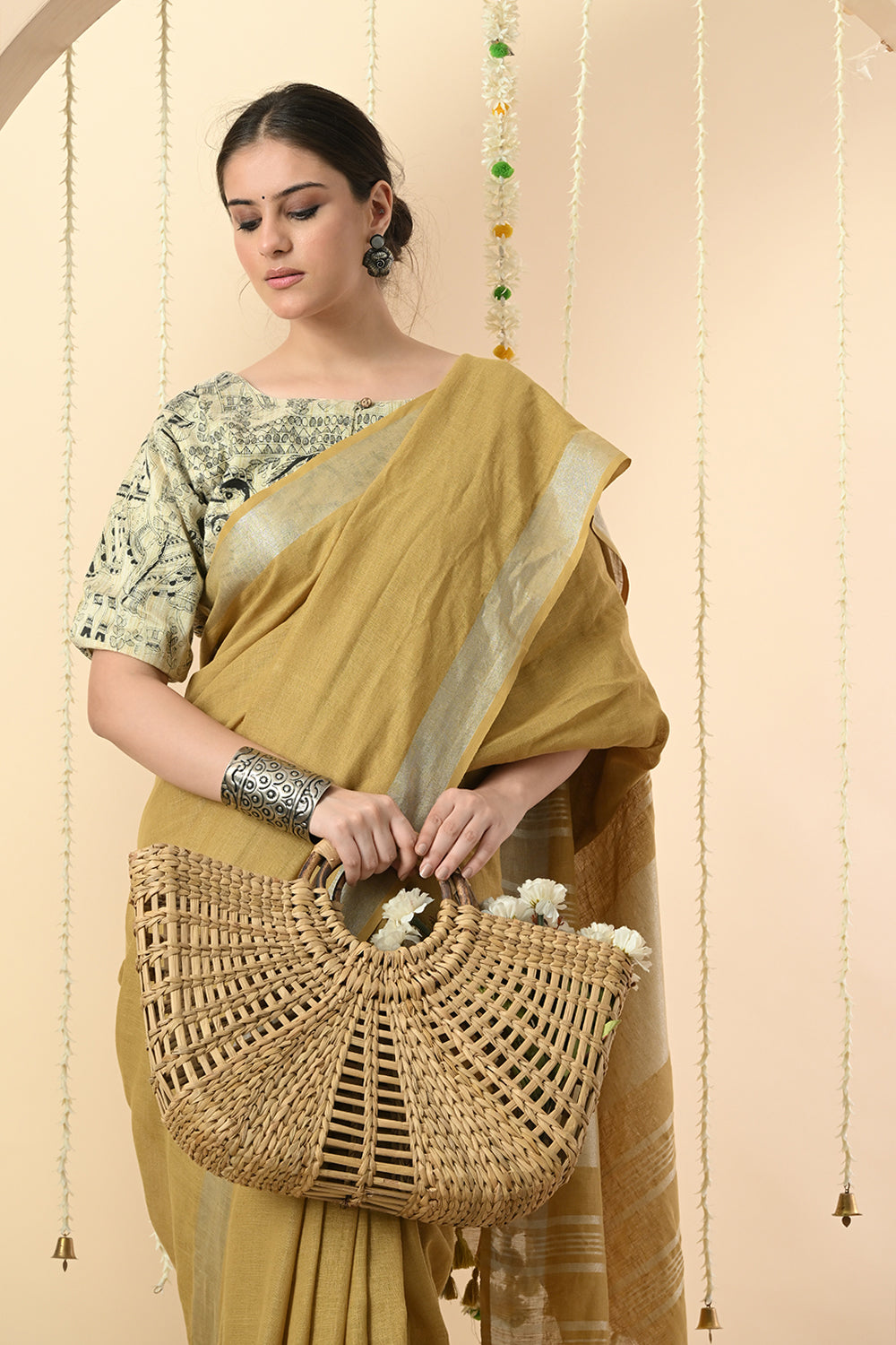 Mustard Linen Saree Dyed with Pomegranate - Vegan & Organic Fashion Choice