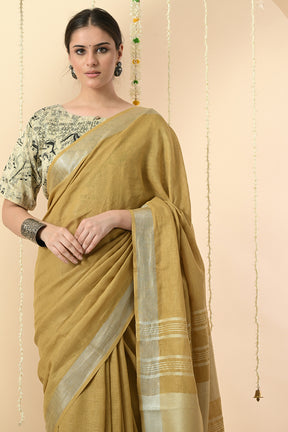 Mustard Linen Saree Dyed with Pomegranate - Vegan & Organic Fashion Choice