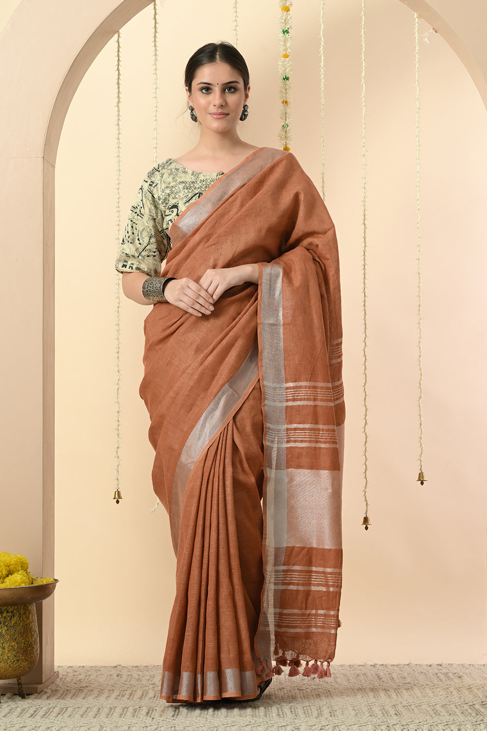 Earthen & Auburn Linen Saree Dyed with Catechu - Vegan & Organic Fashion Choice