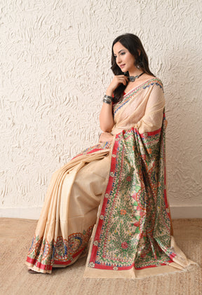 Pure Tussar Silk Madhubani Hand-Painted Saree