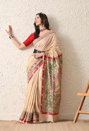 Pure Tussar Silk Madhubani Hand-Painted Saree