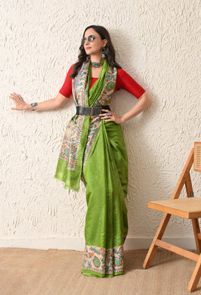 Pure Tussar Silk Madhubani Hand-Painted Saree