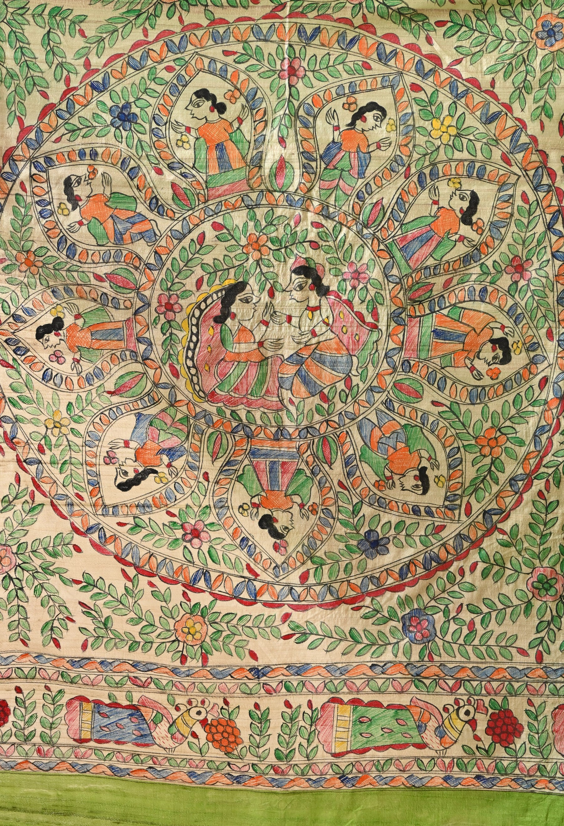 Pure Tussar Silk Madhubani Hand-Painted Saree – Lotus Mandala Heritage Edition