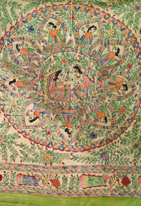 Pure Tussar Silk Madhubani Hand-Painted Saree – Lotus Mandala Heritage Edition