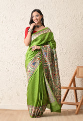 Pure Tussar Silk Madhubani Hand-Painted Saree – Lotus Mandala Heritage Edition