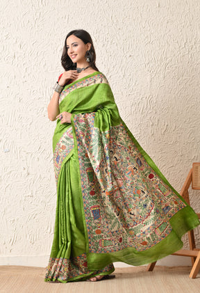 Pure Tussar Silk Madhubani Hand-Painted Saree – Lotus Mandala Heritage Edition