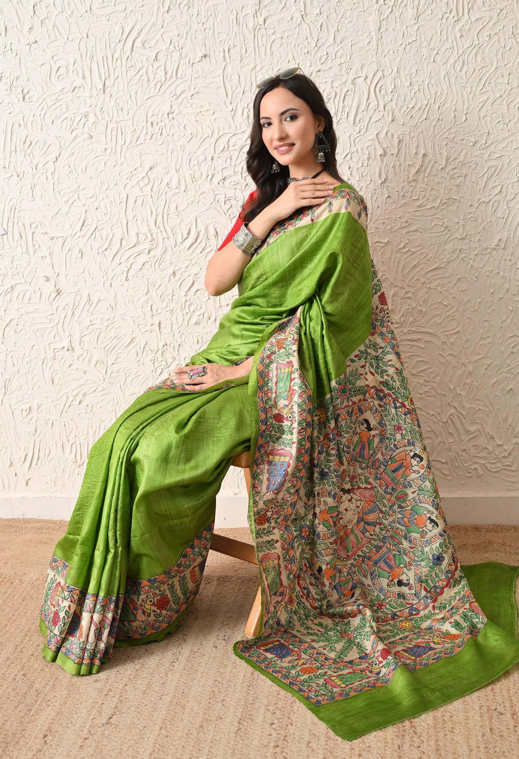 Pure Tussar Silk Madhubani Hand-Painted Saree – Lotus Mandala Heritage Edition