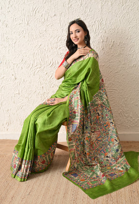 Pure Tussar Silk Madhubani Hand-Painted Saree – Lotus Mandala Heritage Edition