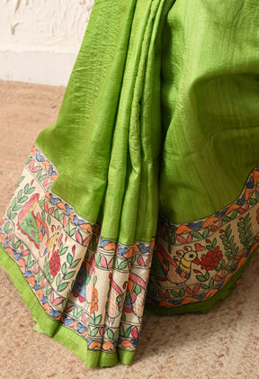 Pure Tussar Silk Madhubani Hand-Painted Saree – Lotus Mandala Heritage Edition