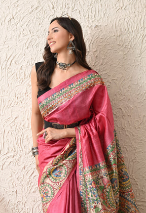Pure Tussar Silk Madhubani Hand-Painted Saree