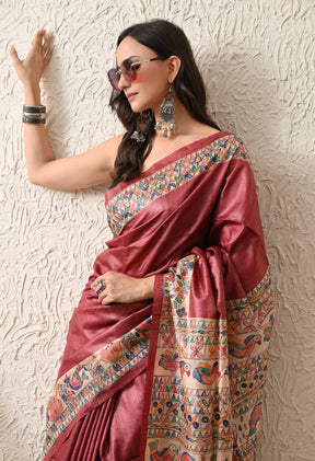Pure Tussar Silk Madhubani Hand-Painted Saree