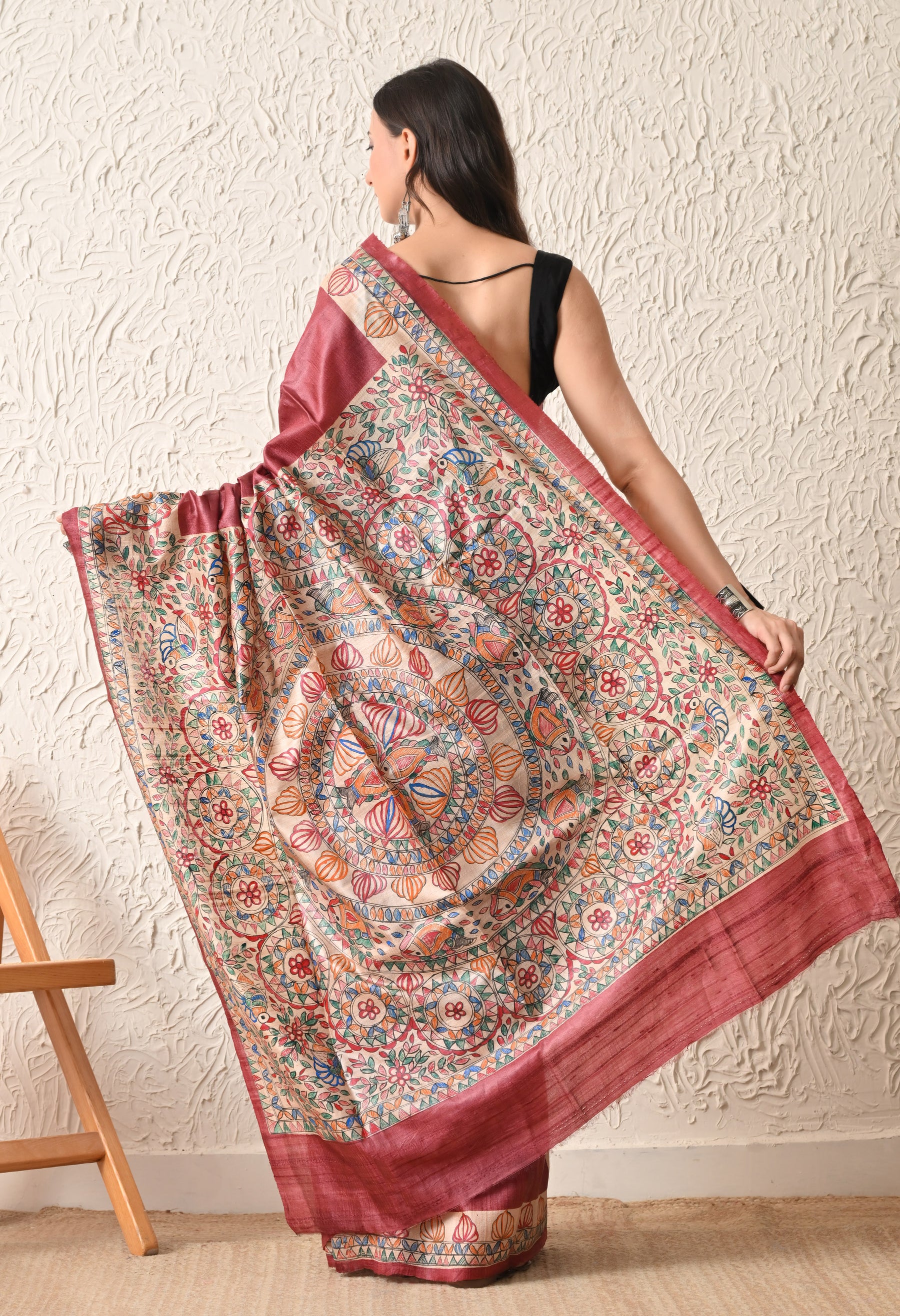 Pure Tussar Silk Madhubani Hand-Painted Saree – Lotus & Fish Mandala Heritage Edition