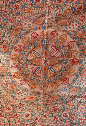 Pure Tussar Silk Madhubani Hand-Painted Saree – Lotus & Fish Mandala Heritage Edition