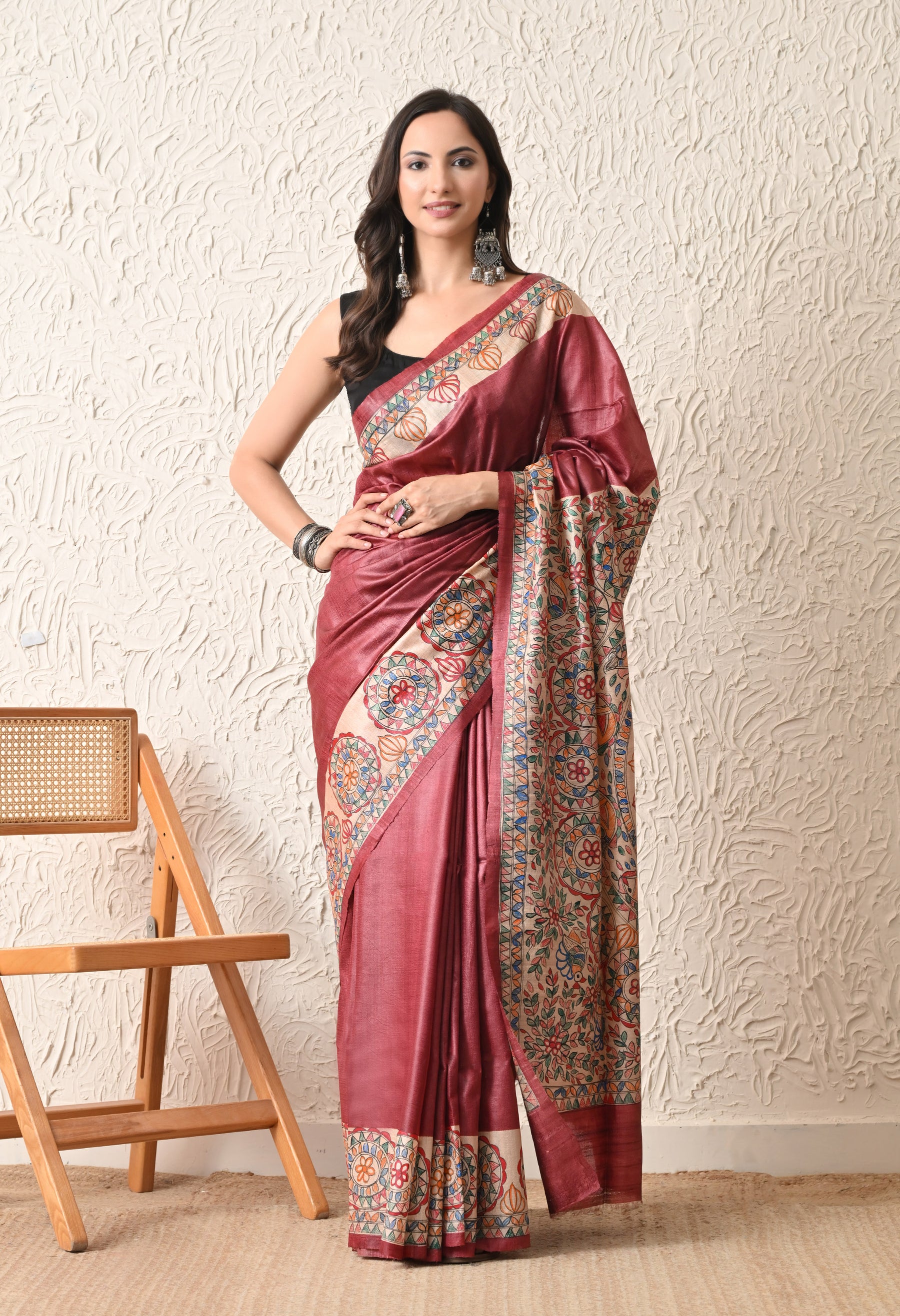 Pure Tussar Silk Madhubani Hand-Painted Saree – Lotus & Fish Mandala Heritage Edition