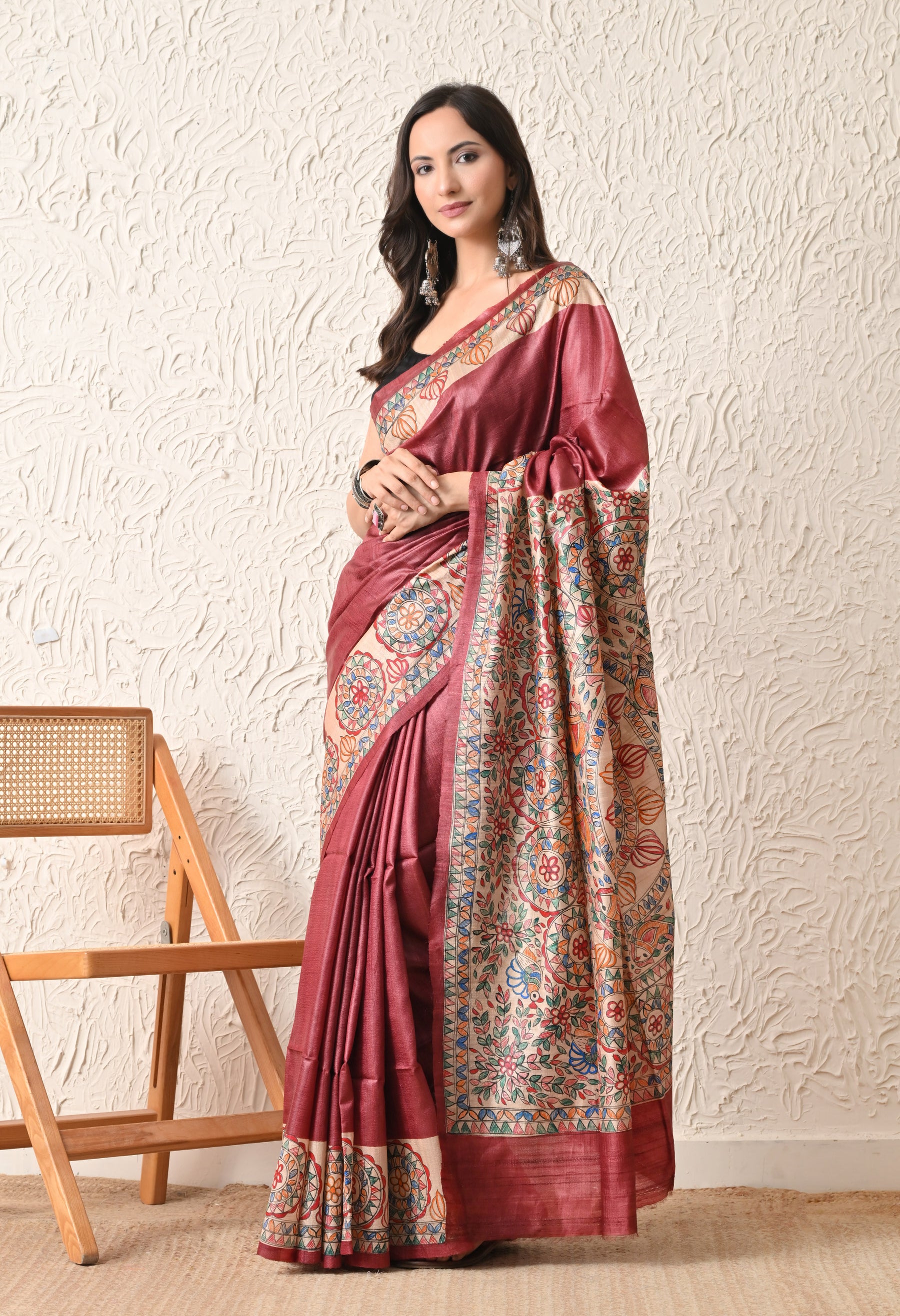 Pure Tussar Silk Madhubani Hand-Painted Saree – Lotus & Fish Mandala Heritage Edition