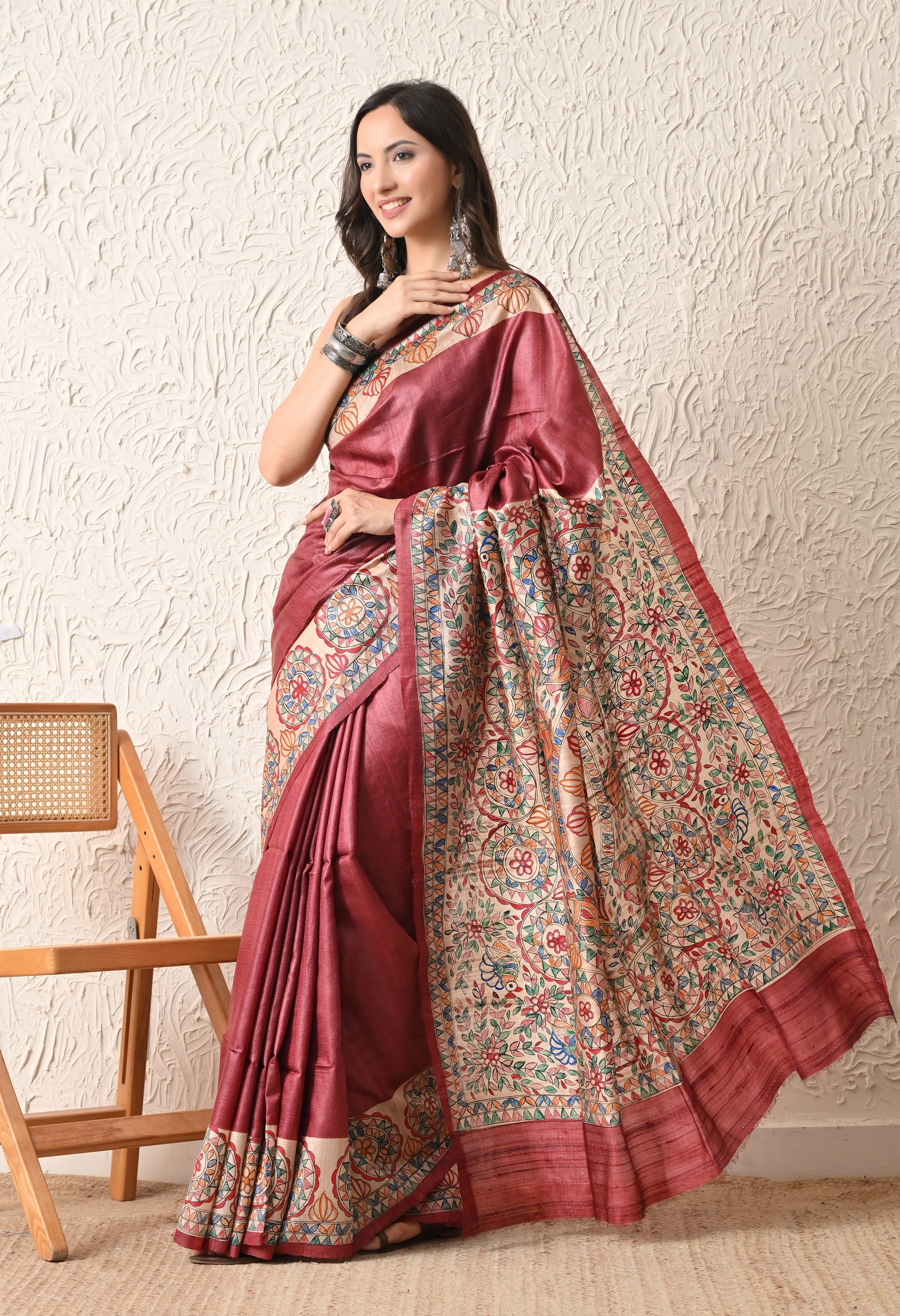 Pure Tussar Silk Madhubani Hand-Painted Saree – Lotus & Fish Mandala Heritage Edition