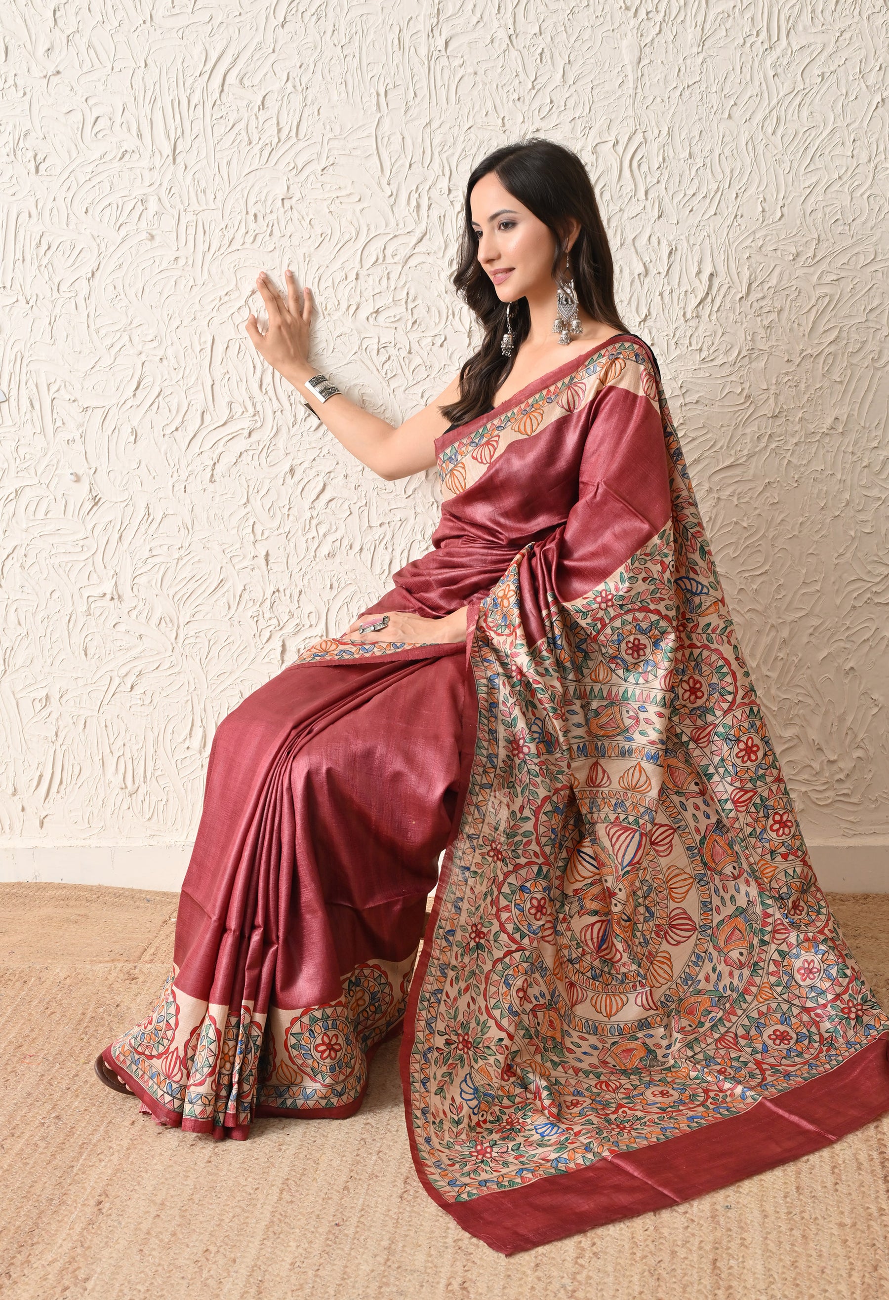 Pure Tussar Silk Madhubani Hand-Painted Saree – Lotus & Fish Mandala Heritage Edition