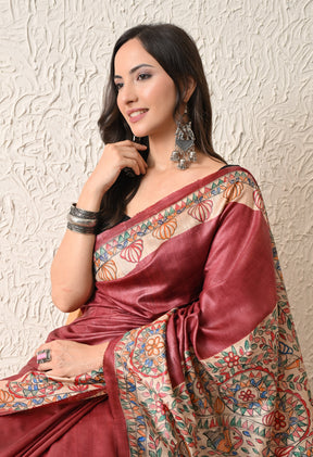 Pure Tussar Silk Madhubani Hand-Painted Saree – Lotus & Fish Mandala Heritage Edition