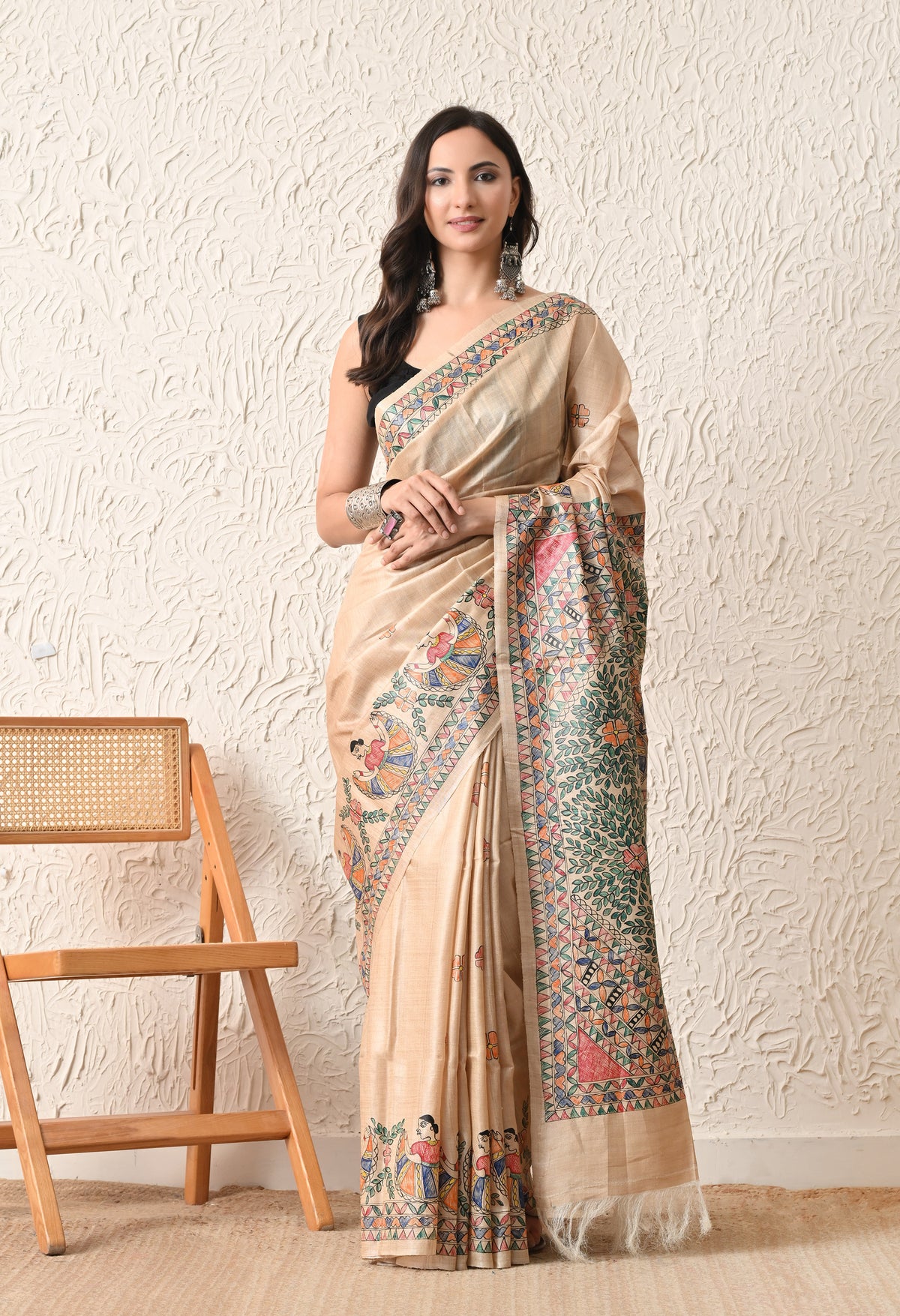 Pure Tussar Silk Madhubani Hand-Painted Saree