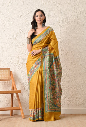 Pure Tussar Silk Madhubani Hand-Painted Saree – Mustard Yellow