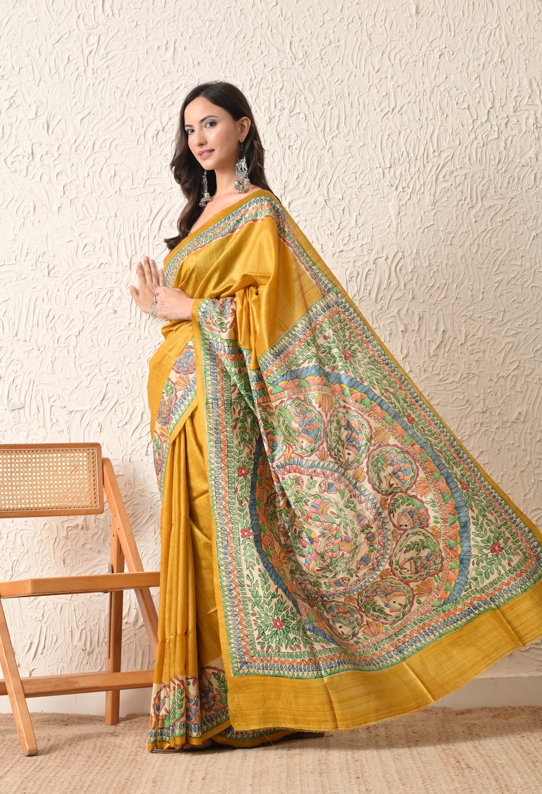 Pure Tussar Silk Madhubani Hand-Painted Saree – Mustard Yellow