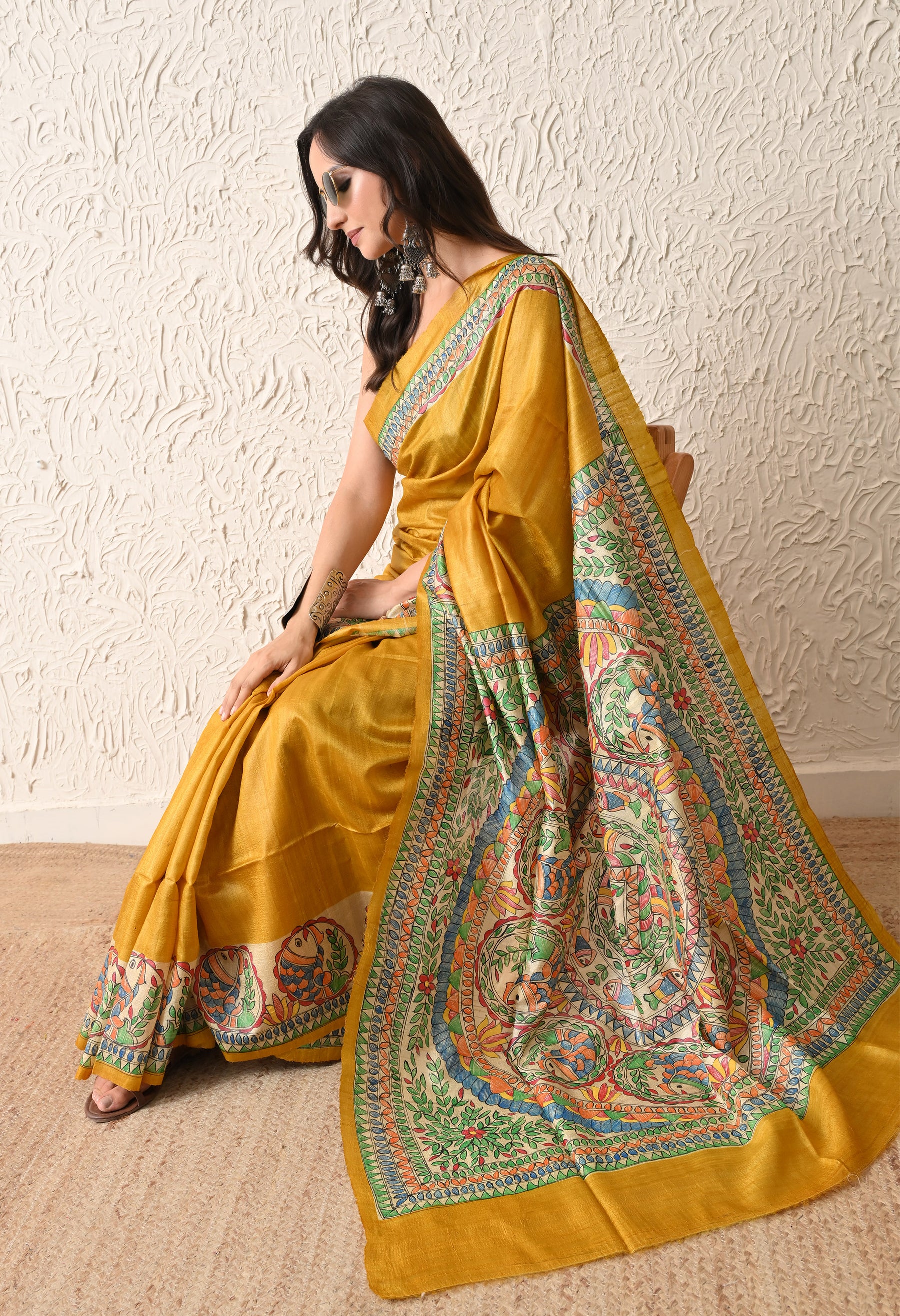 Pure Tussar Silk Madhubani Hand-Painted Saree – Mustard Yellow